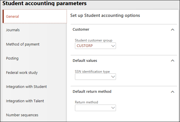 General tab of the Student accounting parameters page